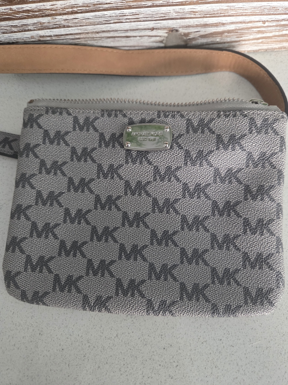 Michael Kors Gray MK Signature Wristlet with Tan Strap